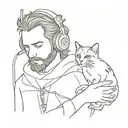 A historical figure from LOTR holding a cat and wearing headphones tattoo design idea