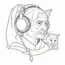 A historical figure from LOTR holding a cat and wearing headphones tattoo design idea