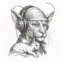 A historical figure from LOTR holding a cat and wearing headphones tattoo design idea
