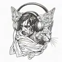 A historical figure from LOTR holding a cat and wearing headphones tattoo design idea