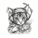 A historical figure from LOTR holding a cat and wearing headphones tattoo design idea