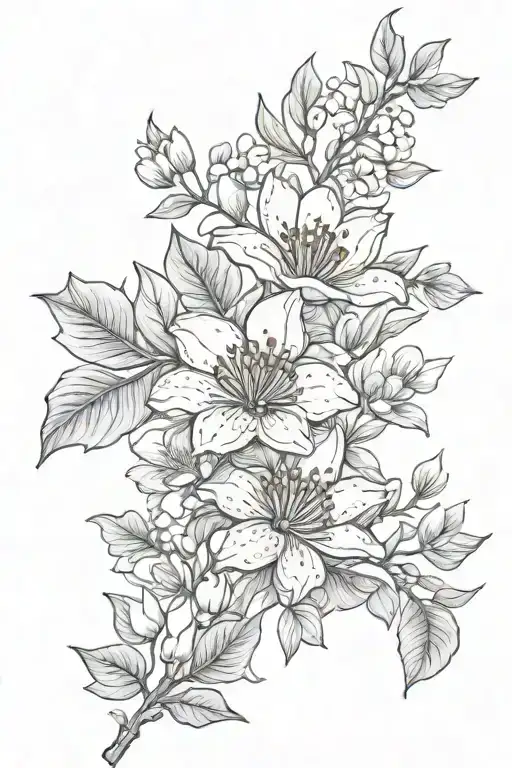 sketch of a tattoo with elements of pomegranate flowers, magnolia and gingko leaves tattoo design idea