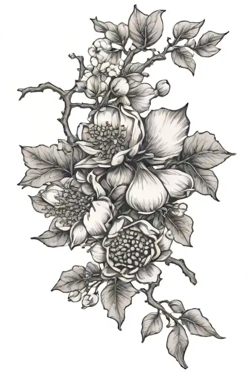 sketch of a tattoo with elements of pomegranate flowers, magnolia and gingko leaves tattoo design idea