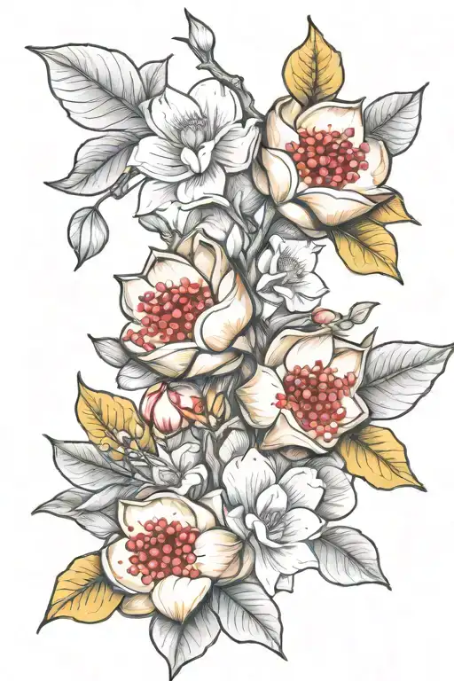 sketch of a tattoo with elements of pomegranate flowers, magnolia and gingko leaves tattoo design idea