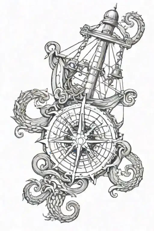 Kraken and compass intertwined tattoo design idea