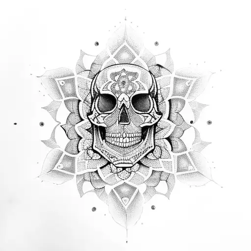 A mandala made up of intricate dahlia petals and geometric shapes with skull tattoo design idea