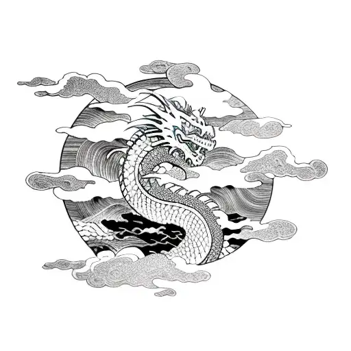 dragon with clouds and waves in Japan style black and white outline tattoo design idea