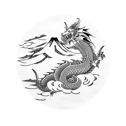 dragon with clouds and waves in Japan style black and white outline tattoo design idea