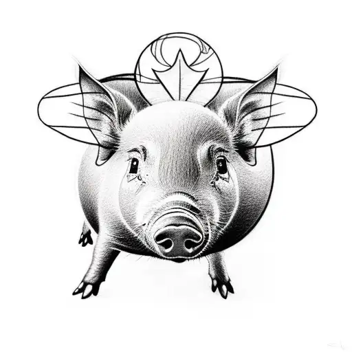 A minimalist tattoo of a piglet playing with a butterfly, representing the delicate balance between vulnerability and strength in mental health recovery. tattoo design idea