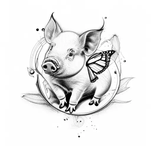 A minimalist tattoo of a piglet playing with a butterfly, representing the delicate balance between vulnerability and strength in mental health recovery. tattoo design idea