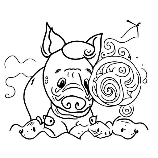 A minimalist tattoo of a piglet playing with a butterfly, representing the delicate balance between vulnerability and strength in mental health recovery. tattoo design idea