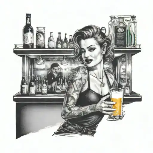 A waitress serving drinks at a busy bar, with a backdrop of neon lights and music notes in the air tattoo design idea