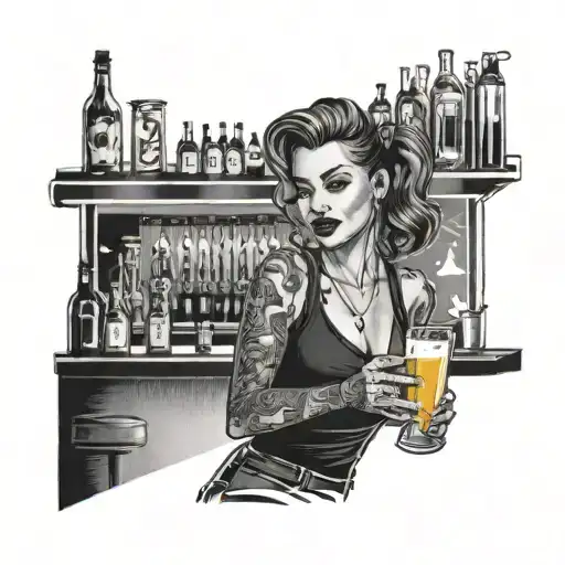 A waitress serving drinks at a busy bar, with a backdrop of neon lights and music notes in the air tattoo design idea