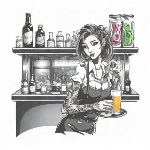 A waitress serving drinks at a busy bar, with a backdrop of neon lights and music notes in the air tattoo design idea