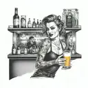 A waitress serving drinks at a busy bar, with a backdrop of neon lights and music notes in the air tattoo design idea
