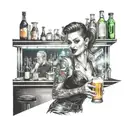 A waitress serving drinks at a busy bar, with a backdrop of neon lights and music notes in the air tattoo design idea