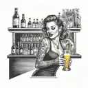 A waitress serving drinks at a busy bar, with a backdrop of neon lights and music notes in the air tattoo design idea