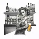 A waitress serving drinks at a busy bar, with a backdrop of neon lights and music notes in the air tattoo design idea