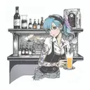 A waitress serving drinks at a busy bar, with a backdrop of neon lights and music notes in the air tattoo design idea