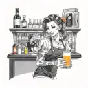 A waitress serving drinks at a busy bar, with a backdrop of neon lights and music notes in the air tattoo design idea
