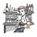 A waitress serving drinks at a busy bar, with a backdrop of neon lights and music notes in the air tattoo design idea