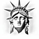 statue of liberty, hands over face, quarter angle, photo realistic tattoo design idea