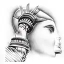 statue of liberty, hands over face, quarter angle, photo realistic tattoo design idea