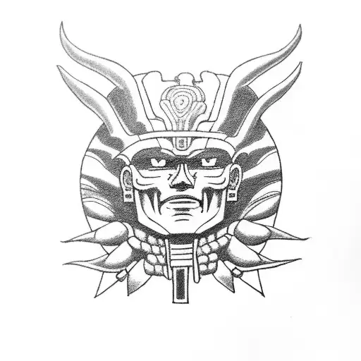 Huitzilopochtli, sentado, con el rostro de Broly, con su arma Xiuhcóat en la mano derecha l  tattoo design idea