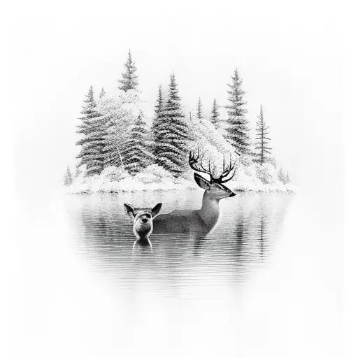 a lake with thick foresty and a deer tattoo design idea