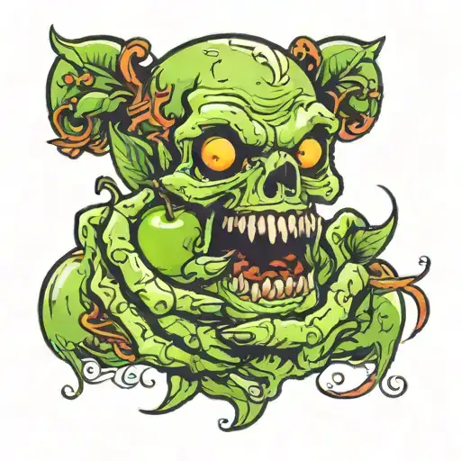 a zombie hand holding a green apple tattoo design idea