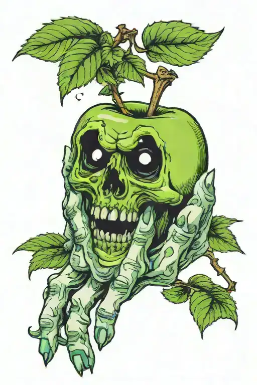 a zombie hand holding a green apple tattoo design idea