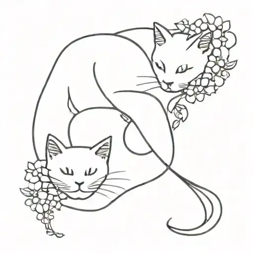 Two cats fineline with simple flower intertwined tattoo design idea