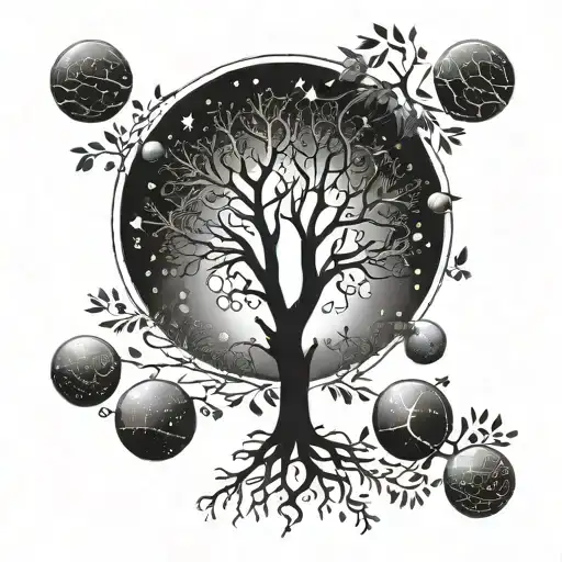A mathematical equation forming a tree silhouette with planets as leaves tattoo design idea