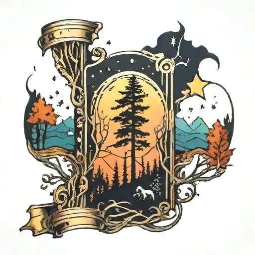 A film strip winding through a forest with constellations in the sky tattoo design idea