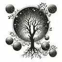 A mathematical equation forming a tree silhouette with planets as leaves tattoo design idea