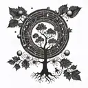 A mathematical equation forming a tree silhouette with planets as leaves tattoo design idea