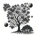 A mathematical equation forming a tree silhouette with planets as leaves tattoo design idea