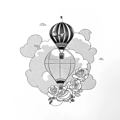 A hot air balloon carrying a flower vase full of flowers surrounded by whimsical clouds tattoo design idea