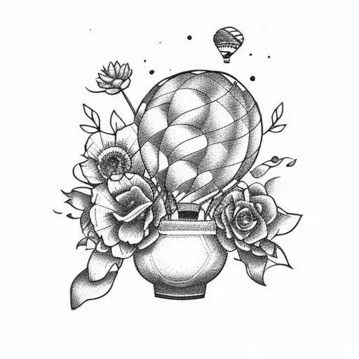 Hot air balloon carrying flower vase full of flowers with a vintage travel theme tattoo design idea