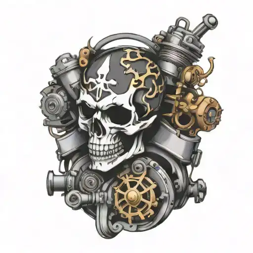 A motorcycle engine intertwined with a skull and crossbones design tattoo design idea