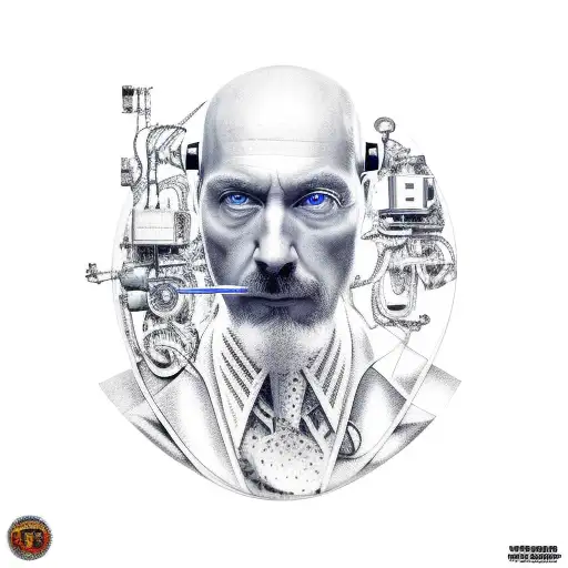 A realistic portrait of a famous musician surrounded by robot companions tattoo design idea
