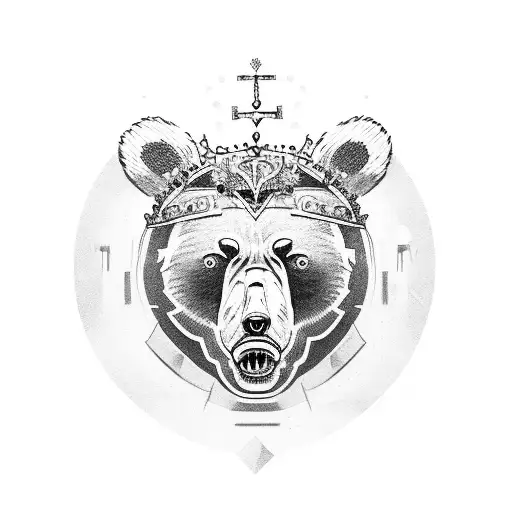 powerfull bear with white eyes and detail crown on head tattoo design idea