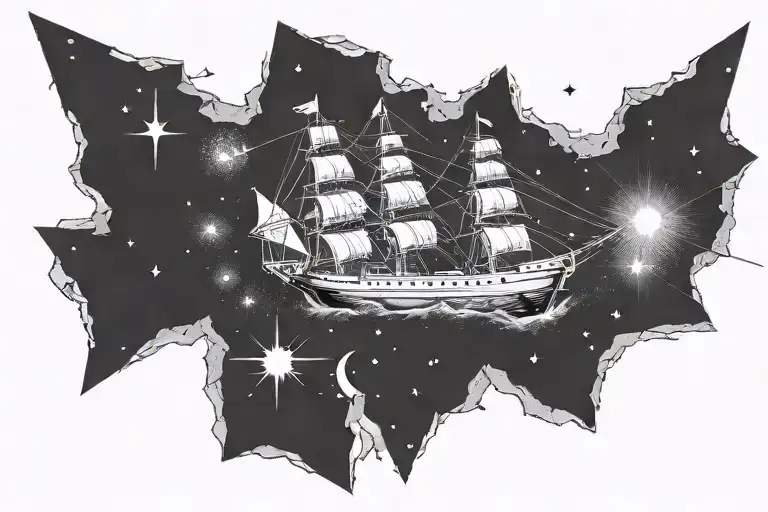1700s ship in space in a meteor shower tattoo design idea