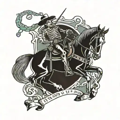 Outline of a cowboy skeleton ridiing a horse with the words "Hold On' and "Heart, Nerve, and Sinew" tattoo design idea