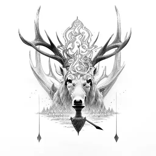 A fantasy warrior riding an elk into battle with music notes trailing behind tattoo design idea