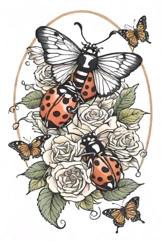 ladybug and roses and butterflies tattoo design idea