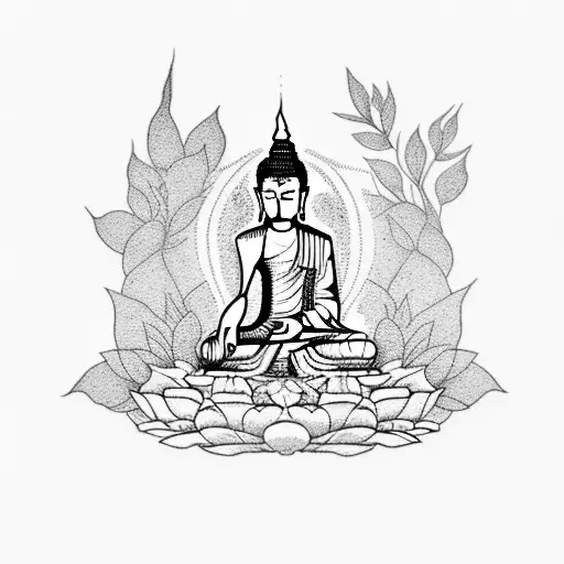 A dotwork tattoo of a serene garden scene with a meditating buddha in the background tattoo design idea