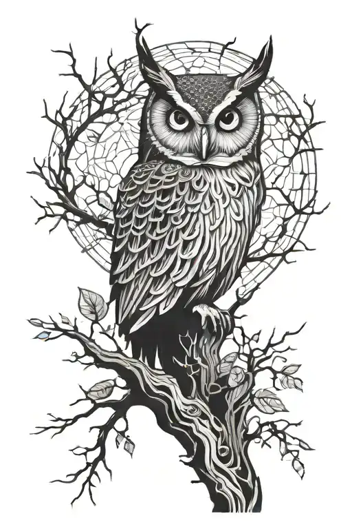 owl half dead tree with creeping vines tattoo design idea
