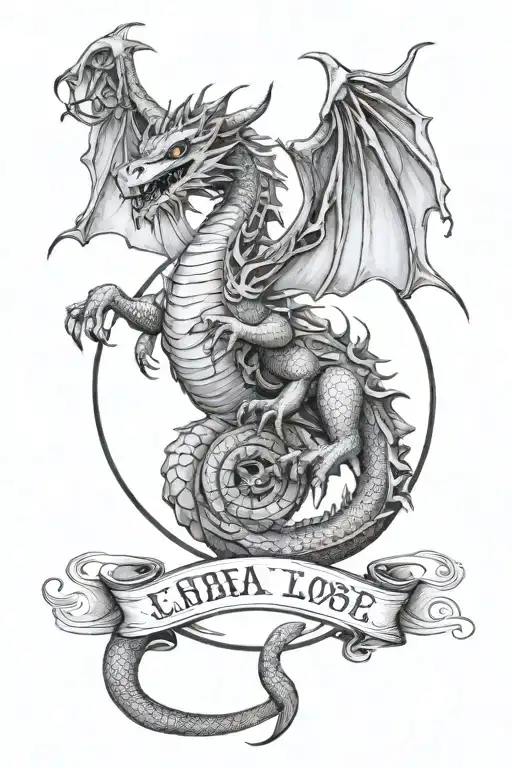 zodiac sign Libra dragon flying with a haylo saying miss you everyday bub love you tattoo design idea