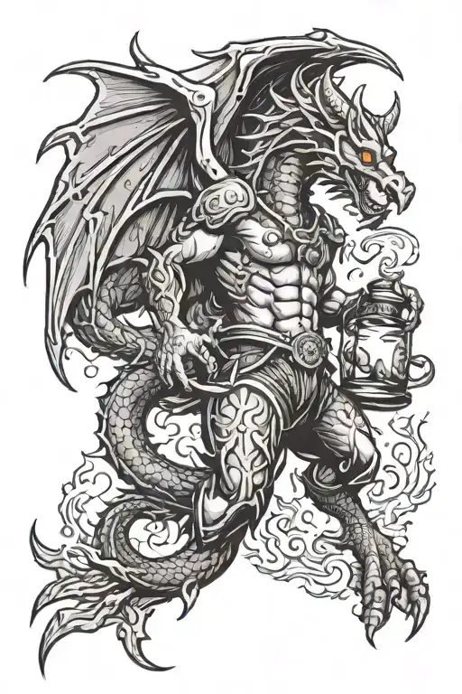 zodiac symbol Libra dragon flying with  a hallo carrying a fireball whiskey bottle tattoo design idea